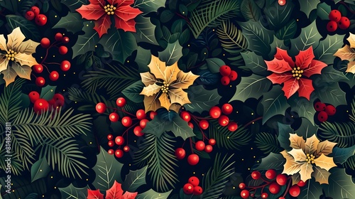 Festive Holiday Floral Backdrop with Poinsettias Holly and Golden Foliage