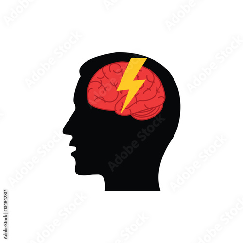 head with lightning in brain like brow ague. concept of illness or upset person and unhappy or frustrated. flat cartoon style trend simple logotype graphic minimal