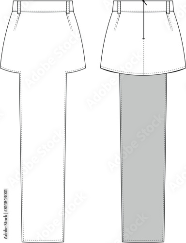 darted asymmetric hem long in front zippered mini long maxi a-line skirt template technical drawing flat sketch cad mockup fashion woman design style model
