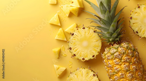 close up of pineapple over yellow background with copy space