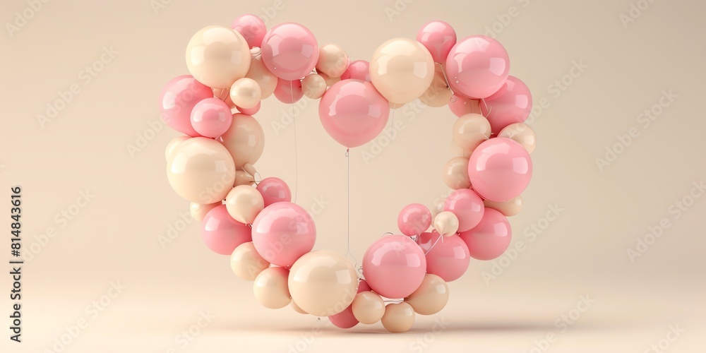 A 3D graphic of a heart shape designed with pink and cream balloons, featuring a minimalistic background for added text A 3D graphic of a heart shape designed with pink and cream balloons, featuring a minimalistic background for added text