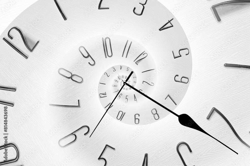 Infinity and other time related concepts. White clock face twisted in spiral, fractal pattern