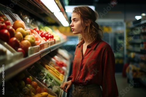 Contemplative young lady selects fruits and vegetables in a well-lit grocery store aisle