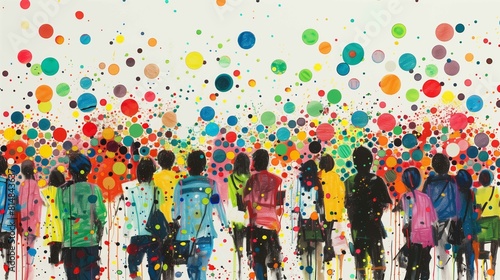 This vibrant image depicts a group of people from behind, facing a burst of colorful, abstract dots and splatters, suggesting a lively and artistic scene