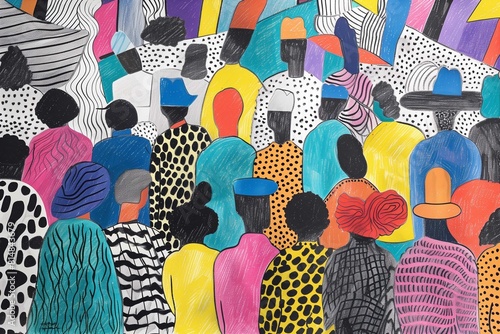 This colorful image shows a crowd of people from behind, each individual uniquely dressed in a variety of bold patterns and hues, set against a playful and abstract background