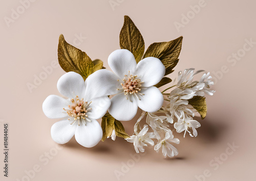 Hair clip in the shape of a native flower on a white background with beautiful blooming flowers.