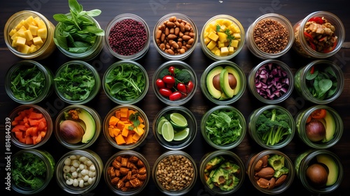 A variety of healthy food ingredients in glass jars  including fruits  vegetables  nuts  and seeds. The ingredients are arranged in a visually appealing way.