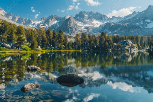 A majestic vista of snow-capped mountains mirrored in the crystal-clear waters of a serene alpine lake, surrounded by towering pine trees and rugged wilderness.