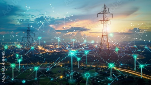 Create a visual representation of a smart grid system optimizing energy distribution and consumption in a modern city. Highlight how smart meters, IoT devices, and AI algorithms work together 