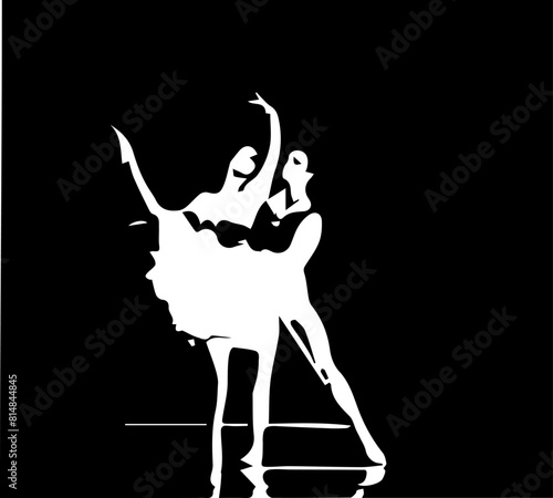 Ballet. Stylization. A guy and a girl ballet dancers perform a dance. White silhouette on a black background