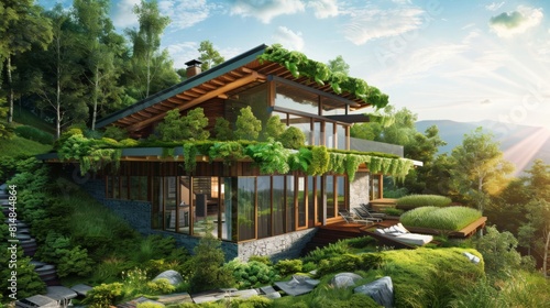 Imagine and illustrate eco-friendly living spaces that incorporate sustainable design principles and renewable energy systems. Showcase features such as passive solar design  green roofs