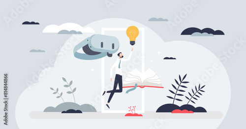 Getaway to virtual learning and education accessibility tiny person concept. Using internet lessons for personal growth and development vector illustration. Online VR or AR tech usage for studying.