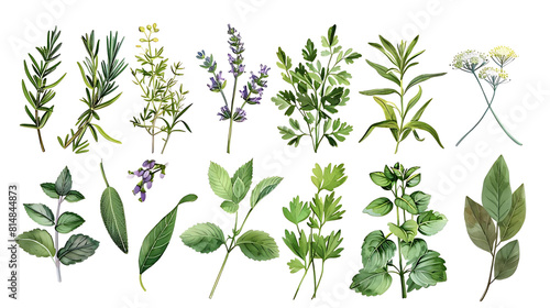 botanical illustration of herbs and flowers on a isolated background