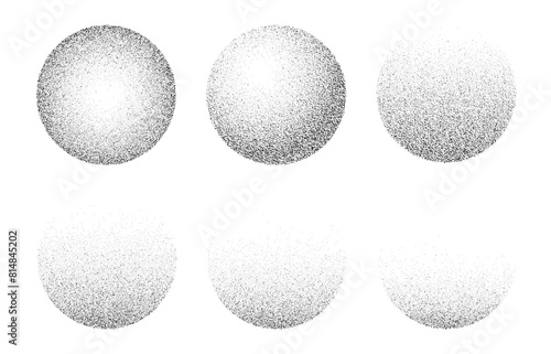 Round noise grain. 3d vector abstract dotwork spheres or balls featuring different degree of grainy texture, from complete circles to halved with sand effect, stipple dots and grunge elements in black