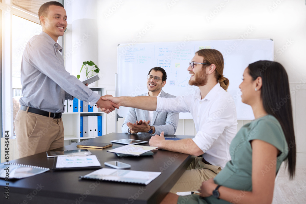 Handshake, business people and interview in office for internship, job recruitment and marketing team. Success, congratulations and man for partnership or career promotion in workplace with agreement Handshake, business people and interview in office for internship, job recruitment and marketing team. Success, congratulations and man for partnership or career promotion in workplace with agreement