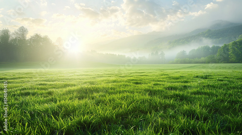 Green meadow in the morning at sunrise. Landscape with fog.