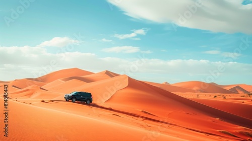 Car as it conquers a desert dune  its sleek silhouette standing out against the vast expanse of sand and blue sky