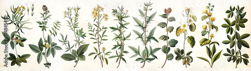 botanical illustration of medicinal plants featuring a yellow flower and a green leaf