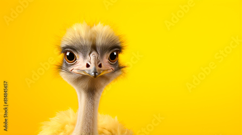 Baby ostrich with big eyes on a yellow background photo