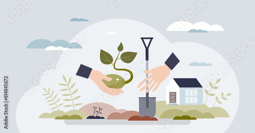 Community service work for nature protection tiny person hands concept. Sustainable, environmental and ecological activities to save planet and raise awareness about earth future vector illustration.
