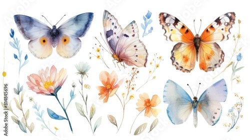 A set of watercolors of various painted detailed butterflies and flowers on a white background