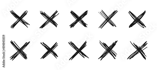 X scribble mark. Isolated vector monochrome cross symbols set. Doodle x shapes used to represent mistake, cancellation or informal annotation in sketches, notes or drawings. Black scribble crosses