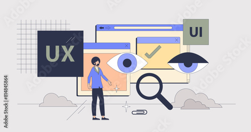 UI and UX design for website development tiny person neubrutalism concept. User experience and interface coding or testing for responsive landing pages vector illustration. Digital project management