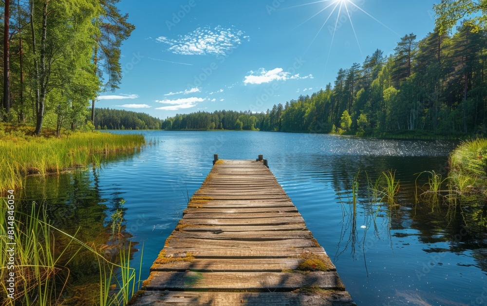 A wooden bridge spans a lake, with a clear blue sky above. The water is calm and peaceful, and the trees surrounding the lake create a serene atmosphere A wooden bridge spans a lake, with a clear blue sky above. The water is calm and peaceful, and the trees surrounding the lake create a serene atmosphere