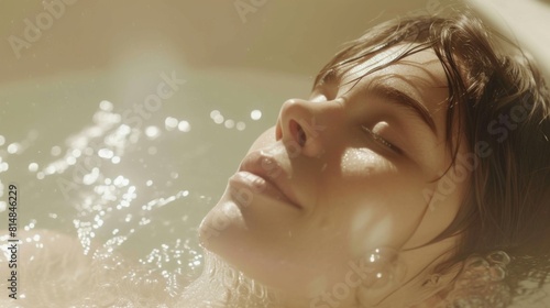 Relaxed woman lies in a bathtub filled with foamy bubbles  with her eyes closed and a satisfied smile on her lips