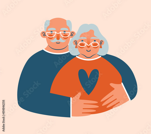 Couple of grandfather and grandmother, who hugging. International Day of Older Persons.  Cute portraits of grandparents. Care, support for pensioners. Older women and men in flat style.