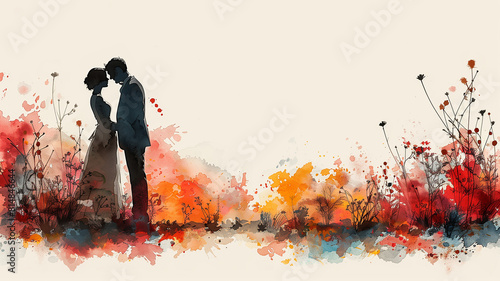 artoon couple kissing among vibrant orange flowers. photo