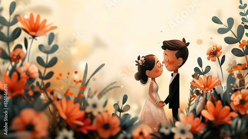 artoon couple kissing among vibrant orange flowers. photo