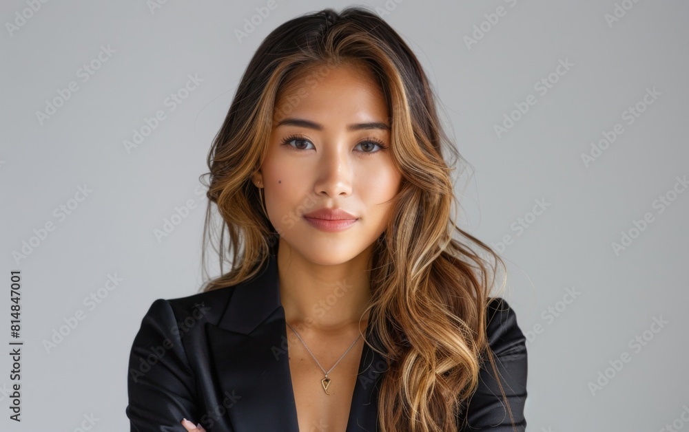 Fototapeta premium A woman with long brown hair and a black jacket. She is wearing a necklace and has a serious expression on her face