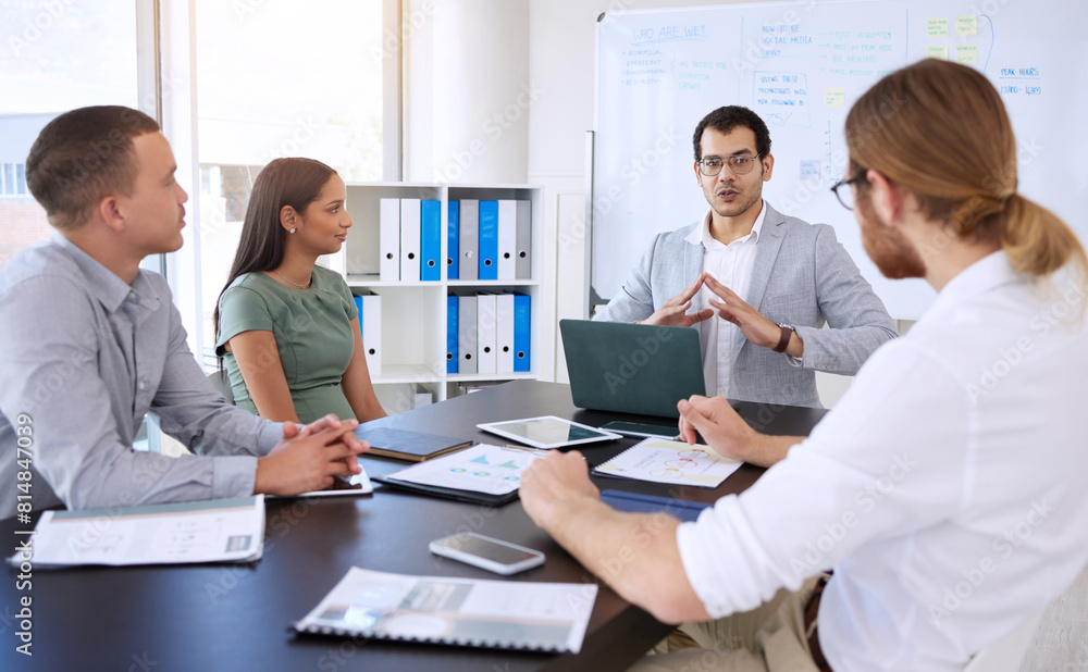 Business, people and office with laptop for teamwork, collaboration and employee training with mentor. Support, help and learning in boardroom with meeting for career or skill growth and development Business, people and office with laptop for teamwork, collaboration and employee training with mentor. Support, help and learning in boardroom with meeting for career or skill growth and development