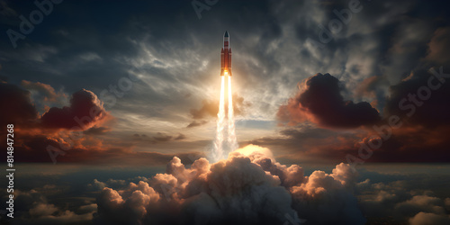 A powerful missile soars into the sky Rocket Launch from the Barren Desert Ground to Outer Space 