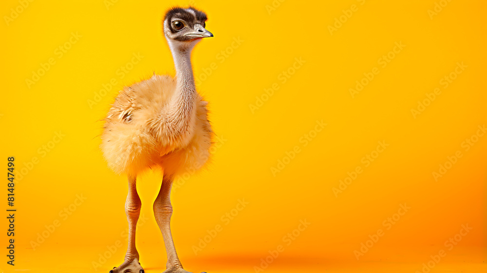 Fototapeta premium Baby ostrich with big eyes on a yellow background
