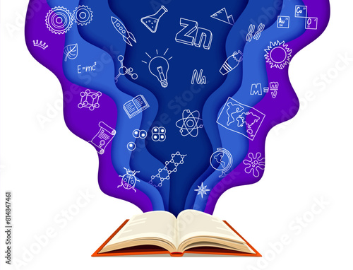 Paper cut science banner with open book and scientific symbols like atoms, dna, rockets, and equations flowing from textbook. Vibrant 3d vector papercut symbolizing explosion of educational knowledges