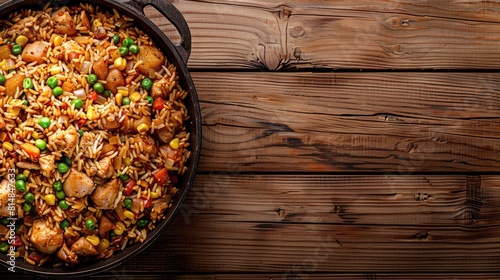 fried rice with chicken and vegetables sizzling in a pan atop a rustic wooden background, viewed from above, arranged neatly to leave ample space for text.