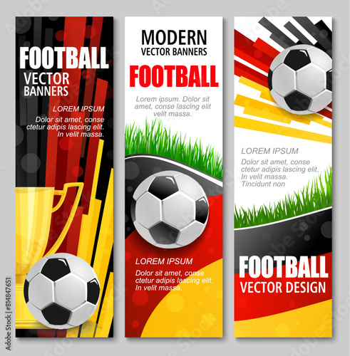 Euro soccer cup 2024 banners. Modern football vector promotional cards with 3d soccer balls, grass and trophy. Vertical flyers in red, black, yellow and white colors for European German tournament © Vector Tradition