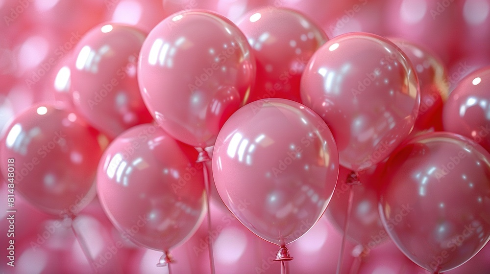 A collection of pink balloons on a stick, with a backdrop of pink and white balloons, in a room with an array of decorative balloons A collection of pink balloons on a stick, with a backdrop of pink and white balloons, in a room with an array of decorative balloons