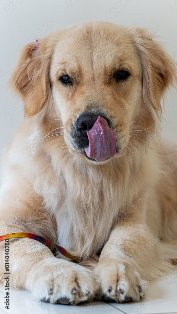 golden retriever portrait licking its mouth golden retriever portrait licking its mouth