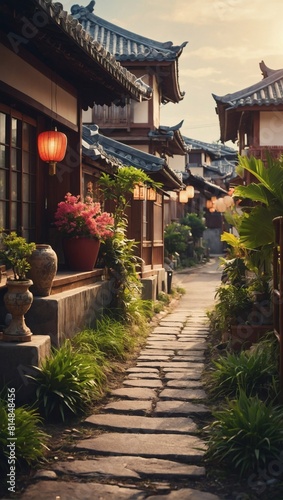 Asian Oasis  Peaceful Manga-Style Illustration of a Serene Village Street