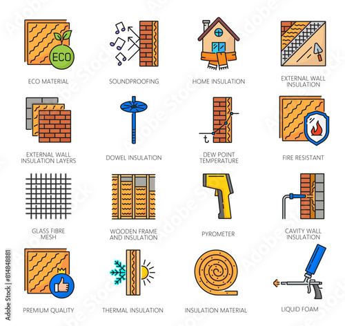 Wall thermal insulation icons, mineral wool and tools for house construction and building, outline vector. Home walls insulation, heat and cold weather protection and soundproof material layers