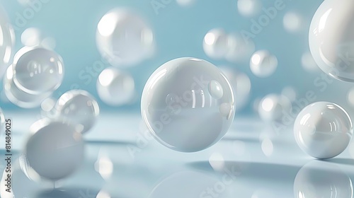 3D rendering of a group of glossy white spheres floating on a blue background.