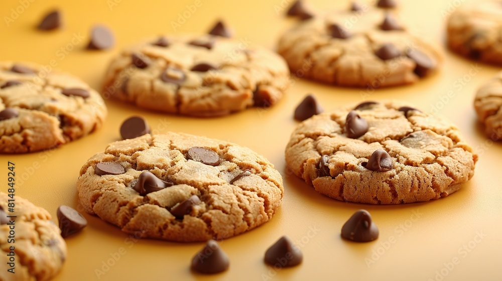 Chocolate chip cookies on table with scattered chips above & below Chocolate chip cookies on table with scattered chips above & below