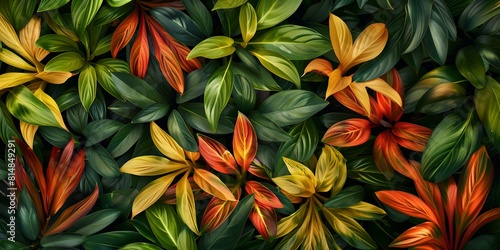 background of bright exotic leaves in red  green and yellow shades