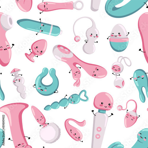 Seamless pattern with different sex toys for women and men. Cute happy kawaii characters.