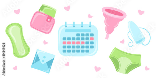 Set of different women's intimate hygiene items for menstrual period
