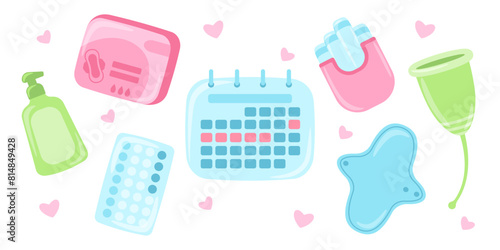 Set of different women's intimate hygiene items for menstrual period