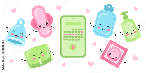 Set of different women's intimate hygiene items for menstrual period. Happy kawaii characters